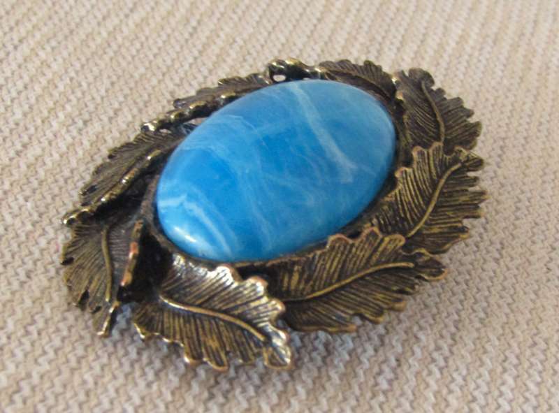 Vintage Antique Bronze Tone Oval Brooch Pin with Simulated Cabochon Blue Agate