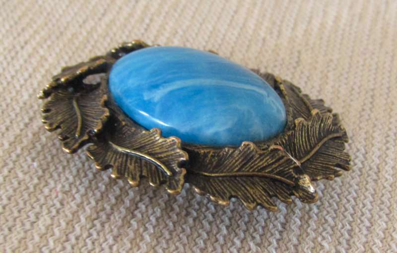 Vintage Antique Bronze Tone Oval Brooch Pin with Simulated Cabochon Blue Agate