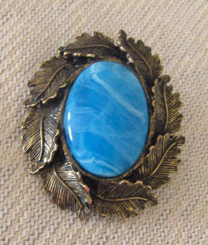 Vintage Antique Bronze Tone Oval Brooch Pin with Simulated Cabochon Blue Agate