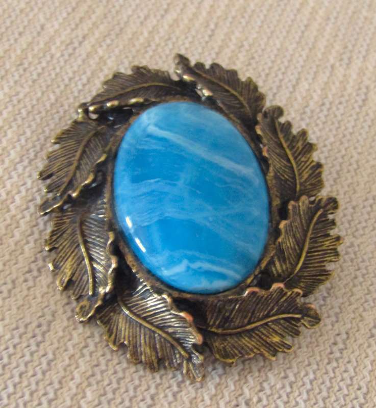 Vintage Antique Bronze Tone Oval Brooch Pin with Simulated Cabochon Blue Agate