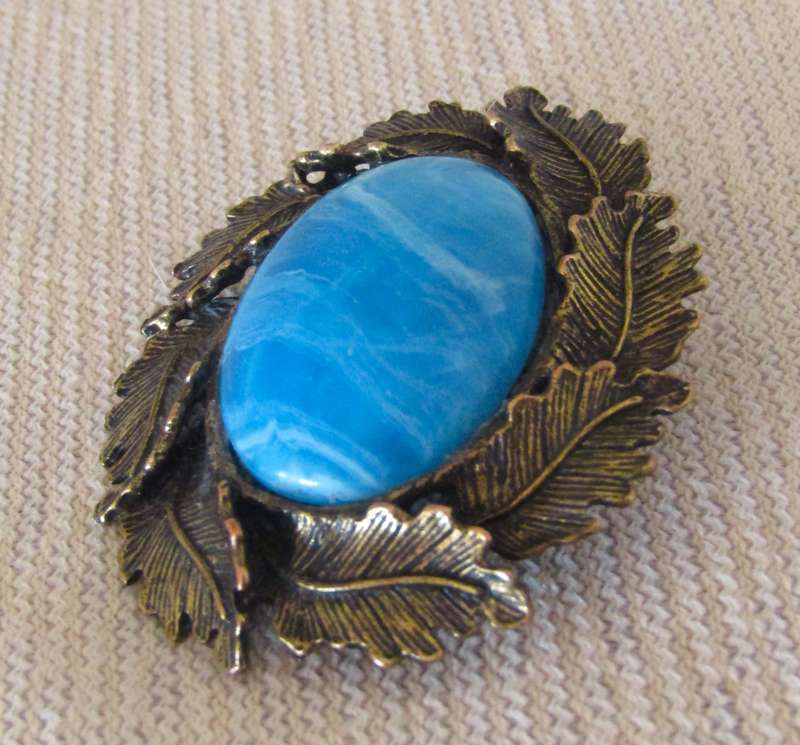 Vintage Antique Bronze Tone Oval Brooch Pin with Simulated Cabochon Blue Agate
