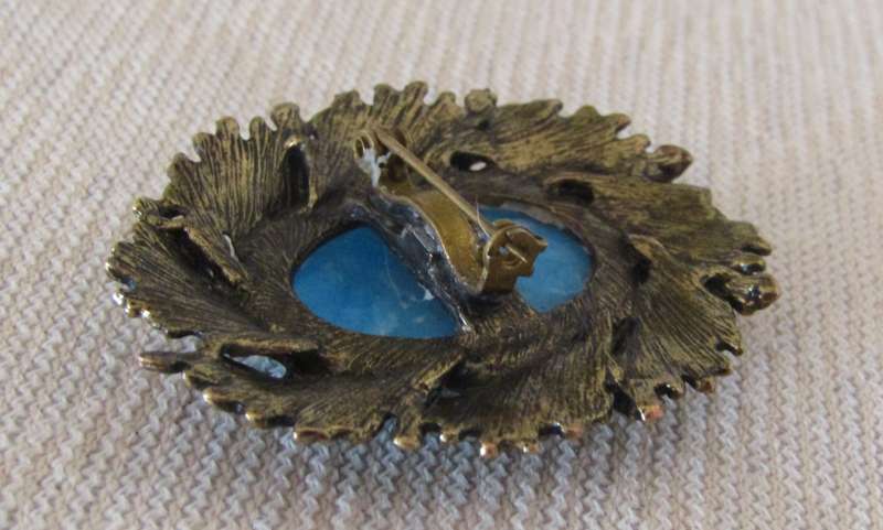 Vintage Antique Bronze Tone Oval Brooch Pin with Simulated Cabochon Blue Agate
