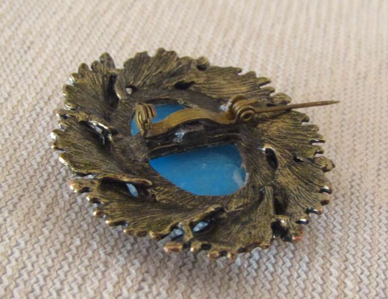 Vintage Antique Bronze Tone Oval Brooch Pin with Simulated Cabochon Blue Agate