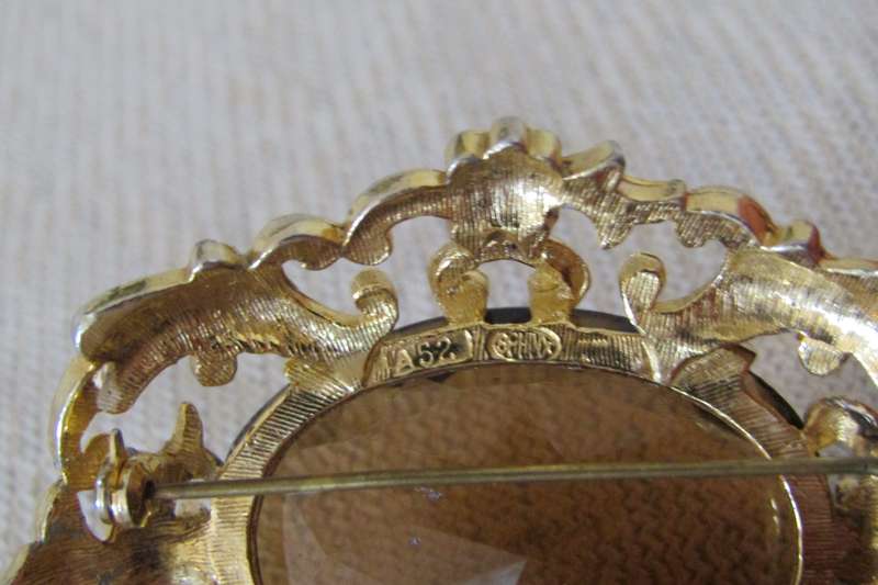 Vintage Art Nouveau Style Gold Tone Brooch Pin with Large Faceted Smoky Quartz Rhinestone by Sphinx