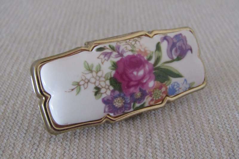 Vintage Gilt Metal Lipstick Compact with Mirror and Ceramic Transfer Decoration  Made in Japan