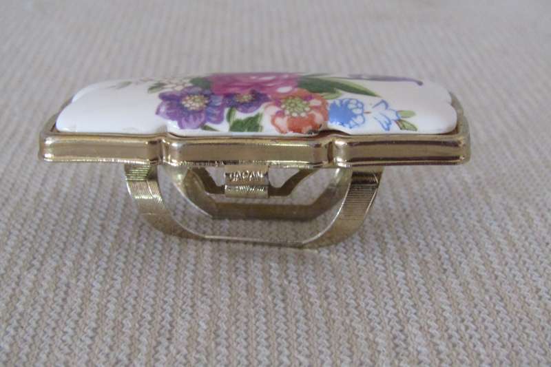 Vintage Gilt Metal Lipstick Compact with Mirror and Ceramic Transfer Decoration  Made in Japan