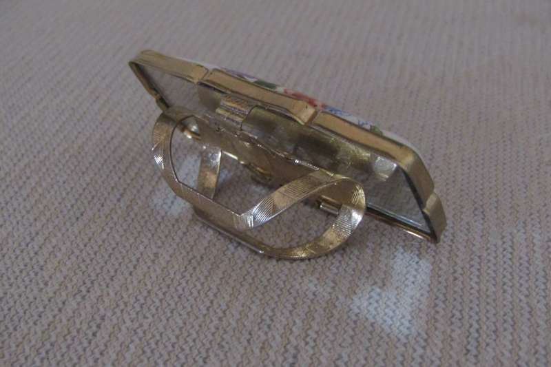 Vintage Gilt Metal Lipstick Compact with Mirror and Ceramic Transfer Decoration  Made in Japan