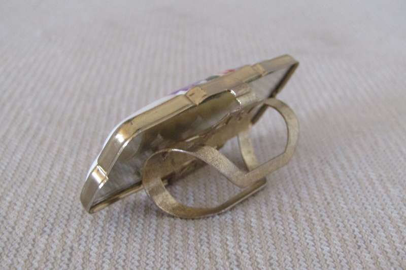 Vintage Gilt Metal Lipstick Compact with Mirror and Ceramic Transfer Decoration  Made in Japan