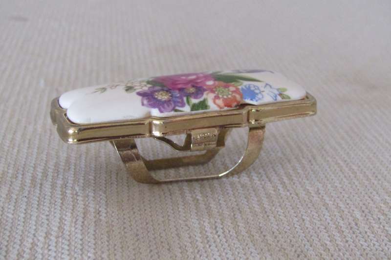 Vintage Gilt Metal Lipstick Compact with Mirror and Ceramic Transfer Decoration  Made in Japan