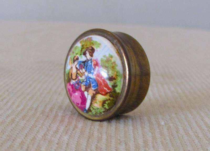 Small Vintage Brass Pill Box with Transfer-Decorated Ceramic Lid, c. 1950