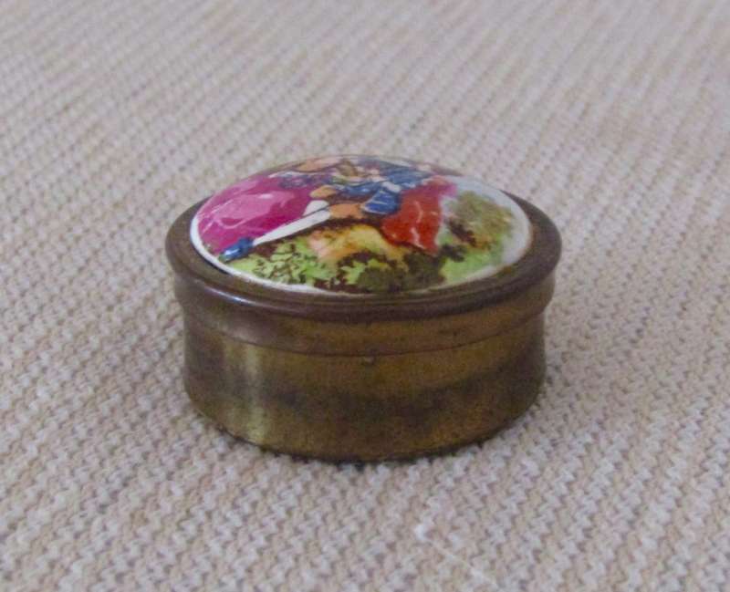 Small Vintage Brass Pill Box with Transfer-Decorated Ceramic Lid, c. 1950