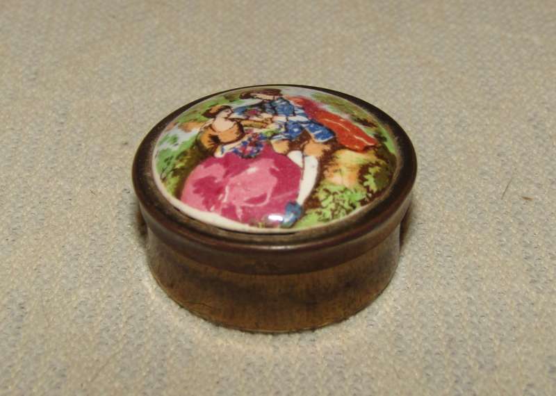 Small Vintage Brass Pill Box with Transfer-Decorated Ceramic Lid, c. 1950