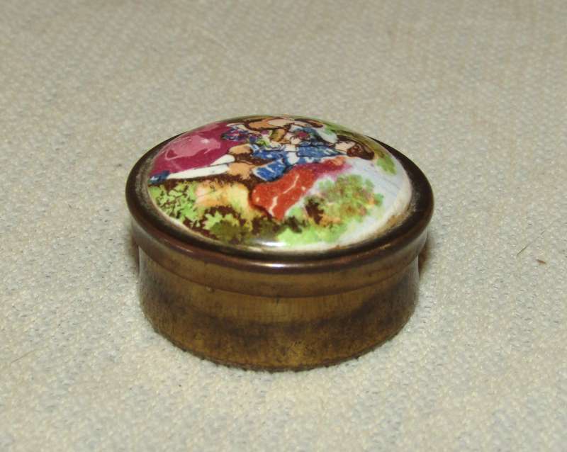 Small Vintage Brass Pill Box with Transfer-Decorated Ceramic Lid, c. 1950