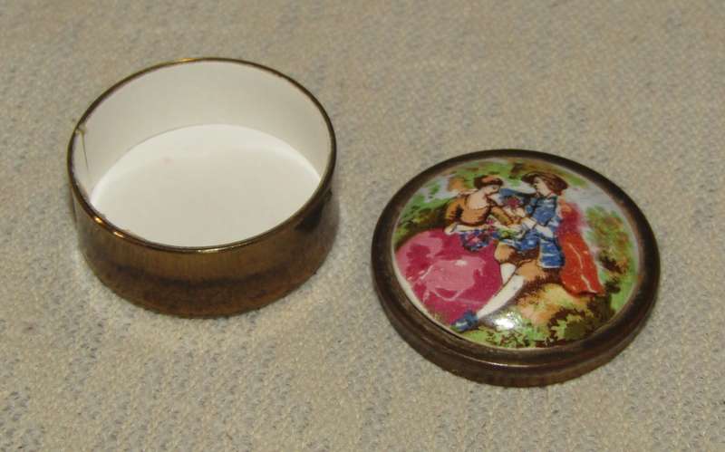 Small Vintage Brass Pill Box with Transfer-Decorated Ceramic Lid, c. 1950