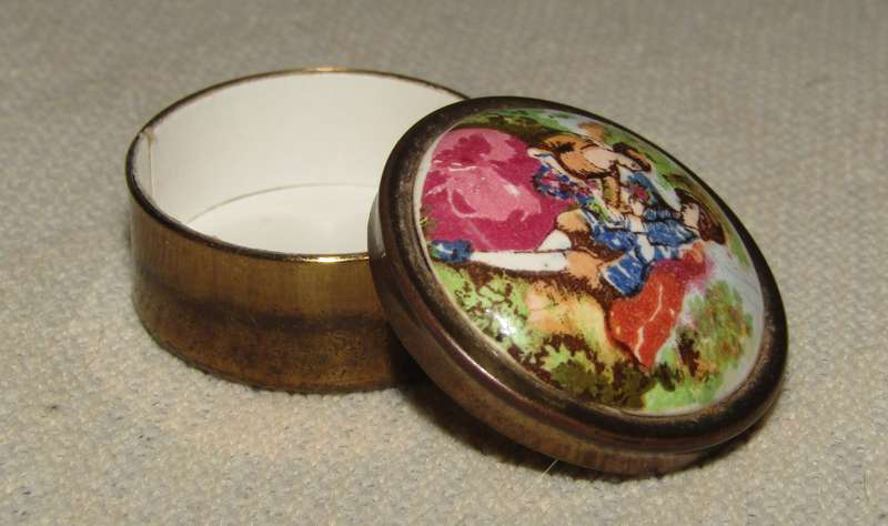 Small Vintage Brass Pill Box with Transfer-Decorated Ceramic Lid, c. 1950