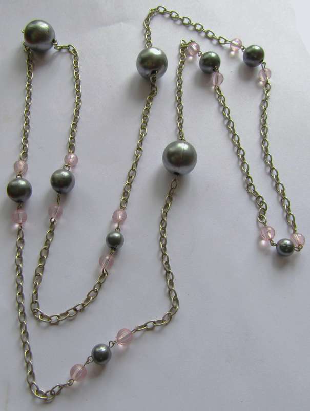 Vintage Extra Long Silver Tone and Soft Pink Necklace