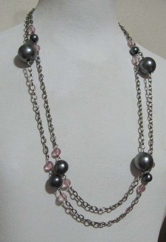 Vintage Extra Long Silver Tone and Soft Pink Necklace
