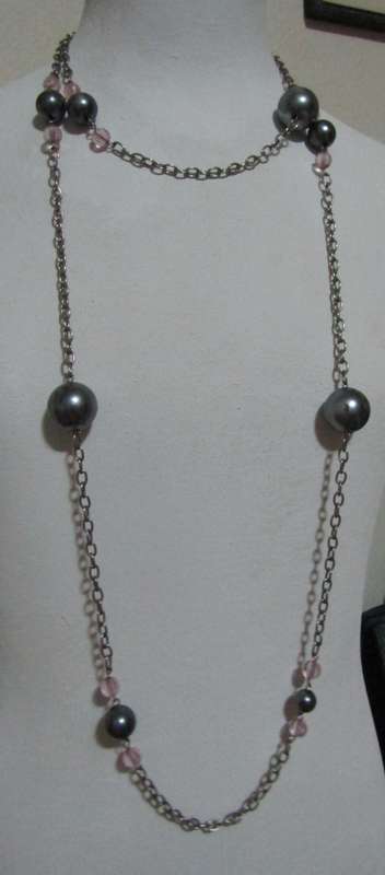 Vintage Extra Long Silver Tone and Soft Pink Necklace