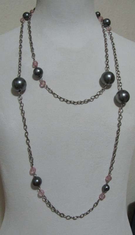 Vintage Extra Long Silver Tone and Soft Pink Necklace