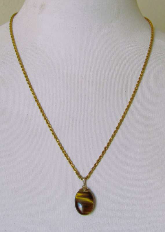 Vintage Gold-Filled Rope Chain with Oval Tiger's Eye Pendant