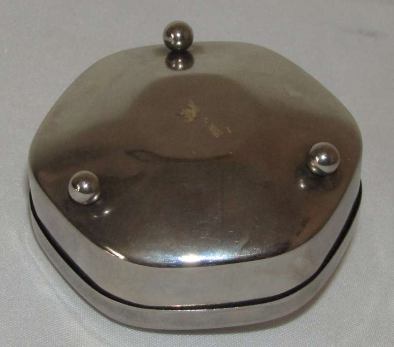 Vintage Hexagonal Silver-Plated Trinket Box with Gold-Tone Bow and Red Velvet Lining