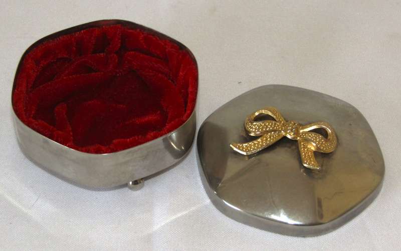 Vintage Hexagonal Silver-Plated Trinket Box with Gold-Tone Bow and Red Velvet Lining