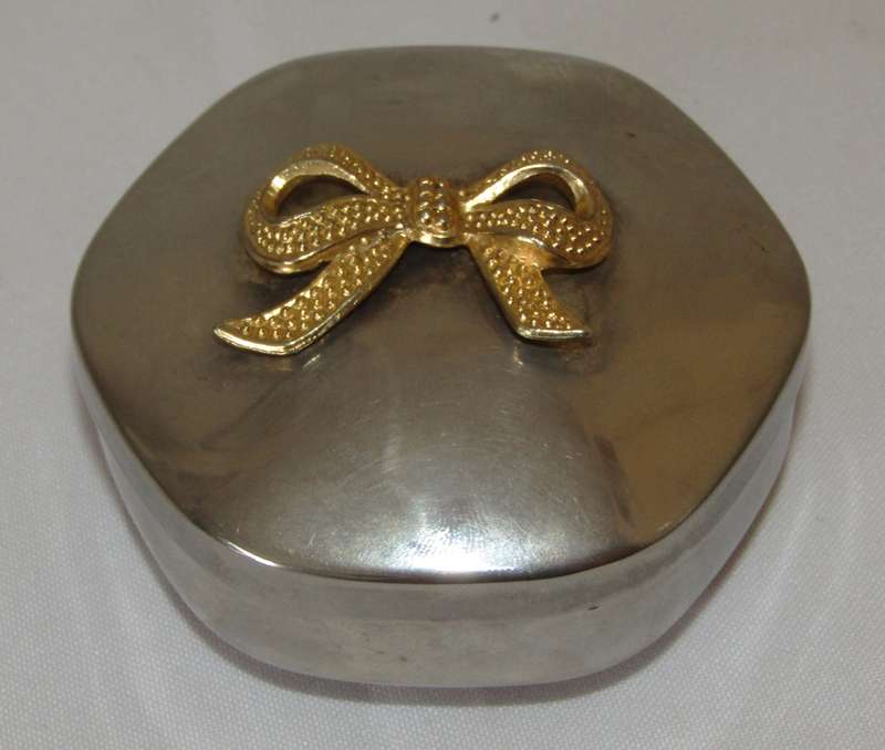 Vintage Hexagonal Silver-Plated Trinket Box with Gold-Tone Bow and Red Velvet Lining