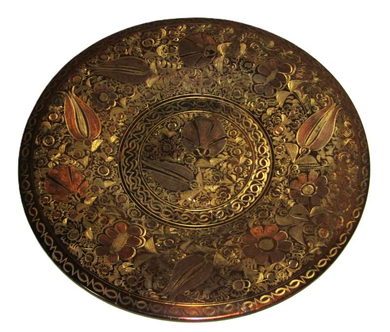 Vintage Japanese Copper, Brass, and Silver-Toned Wall Plate with Floral Engravings