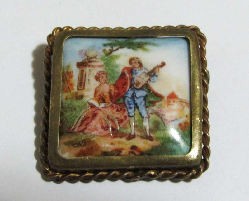 Vintage Hand-Painted Limoges France Brooch Pin in Brass Setting