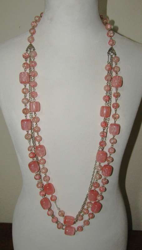 Vintage Silver-Tone and Bubblegum Pink Beaded Four-Strand Necklace
