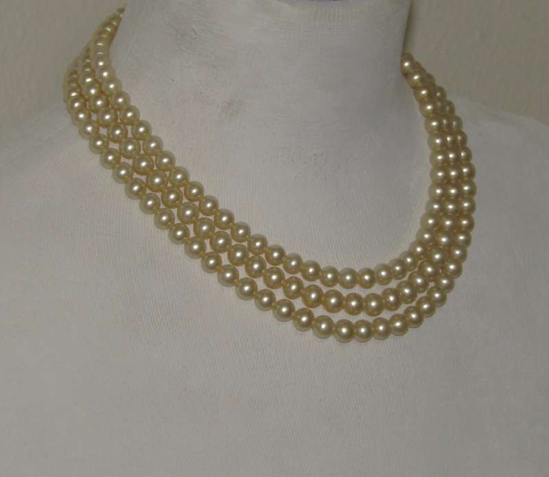 Vintage Three-Strand Faux Pearl Necklace with Silver-Tone Diamante Clasp