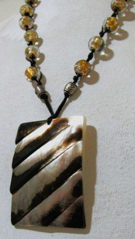 Vintage Bohemian Pendant Necklace with Art Glass Beads and Mother of Pearl