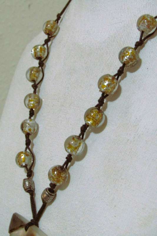 Vintage Bohemian Pendant Necklace with Art Glass Beads and Mother of Pearl