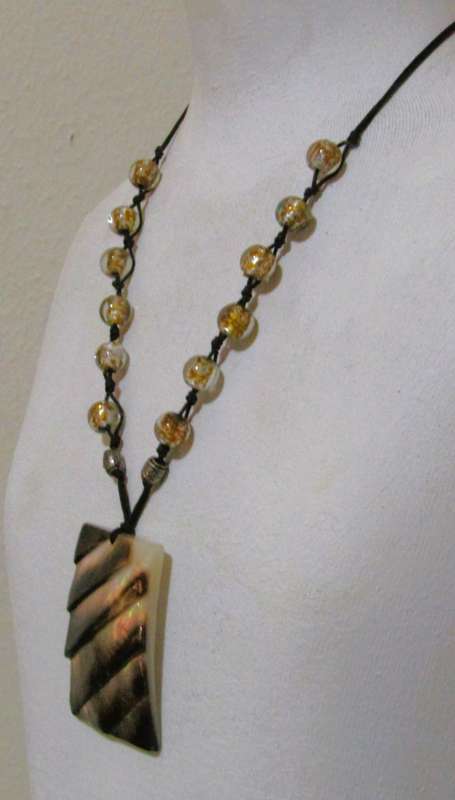 Vintage Bohemian Pendant Necklace with Art Glass Beads and Mother of Pearl