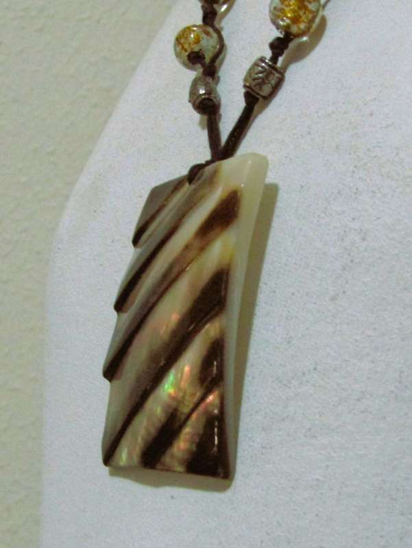Vintage Bohemian Pendant Necklace with Art Glass Beads and Mother of Pearl