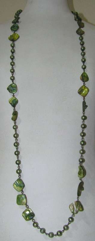 Retro 1980s Extra Long Green Dyed Mother of Pearl Beaded Necklace