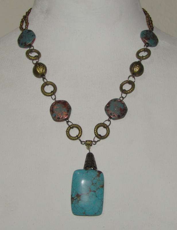 Vintage Hand-Made Antique Brass-Tone and Turquoise Pendant Necklace