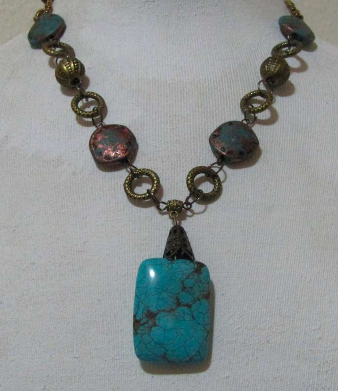 Vintage Hand-Made Antique Brass-Tone and Turquoise Pendant Necklace