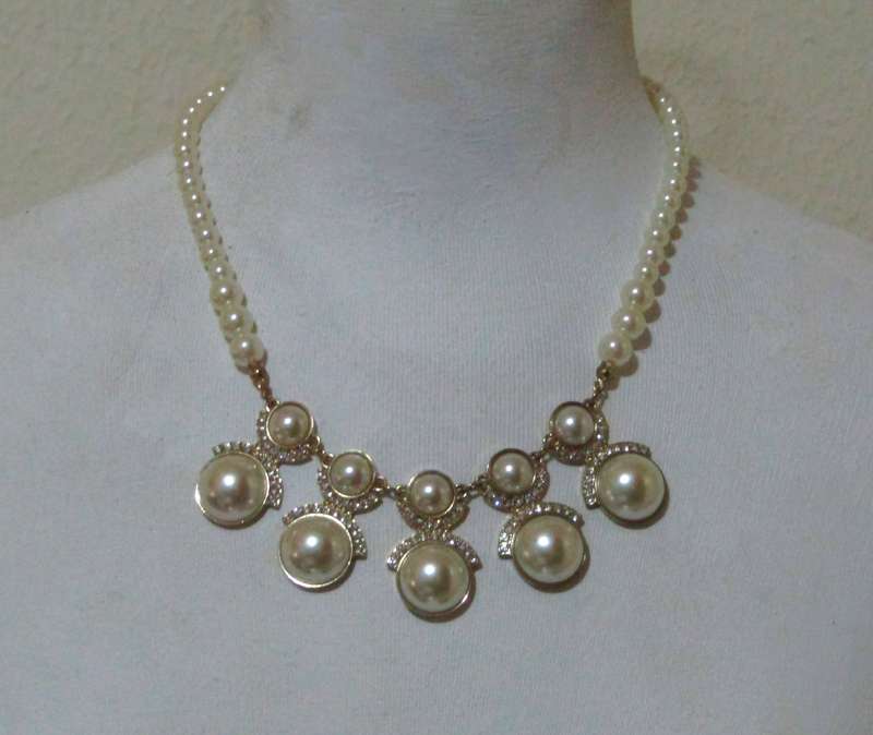 Vintage Gold-Tone Diamante and Faux Pearl Statement Bib Necklace