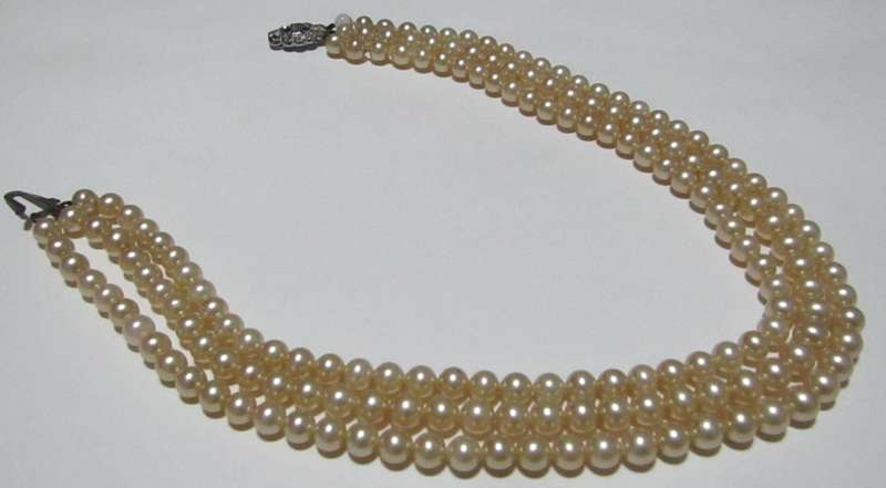 Vintage Three-Strand Faux Pearl Necklace with Silver-Tone Diamante Clasp