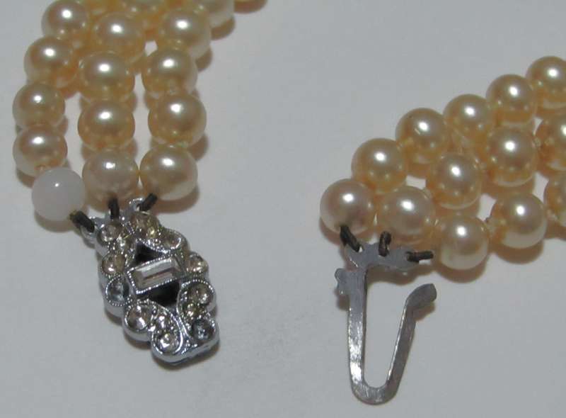 Vintage Three-Strand Faux Pearl Necklace with Silver-Tone Diamante Clasp