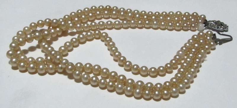Vintage Three-Strand Faux Pearl Necklace with Silver-Tone Diamante Clasp