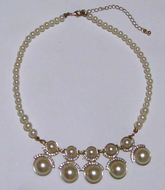 Vintage Gold-Tone Diamante and Faux Pearl Statement Bib Necklace