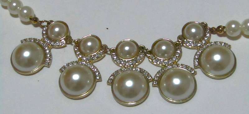 Vintage Gold-Tone Diamante and Faux Pearl Statement Bib Necklace