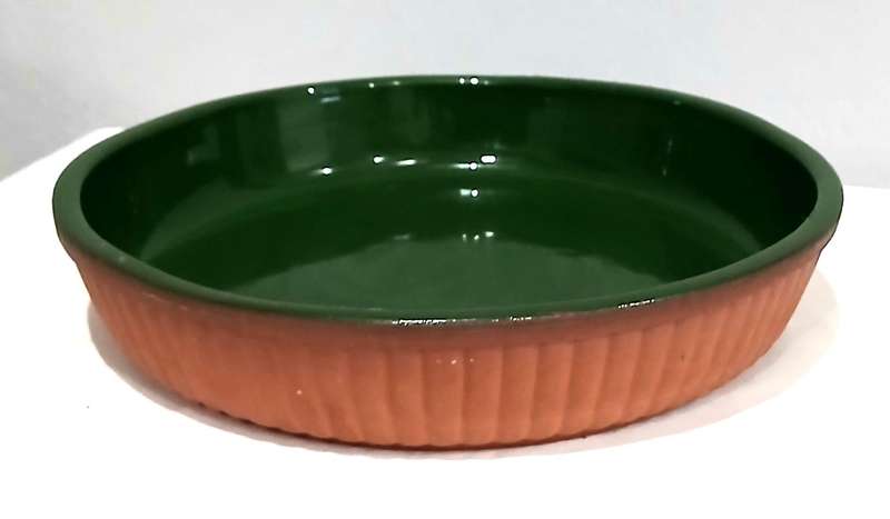 Vintage Terracotta Pie Dish with Emerald Green Glaze | Unmarked | 25cm