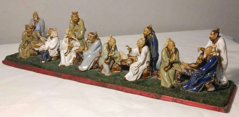 Rare Shiwan Eight Immortals Ceramic Set | 12-Figure Mid-Century Chinese Composition | Scholar Theme