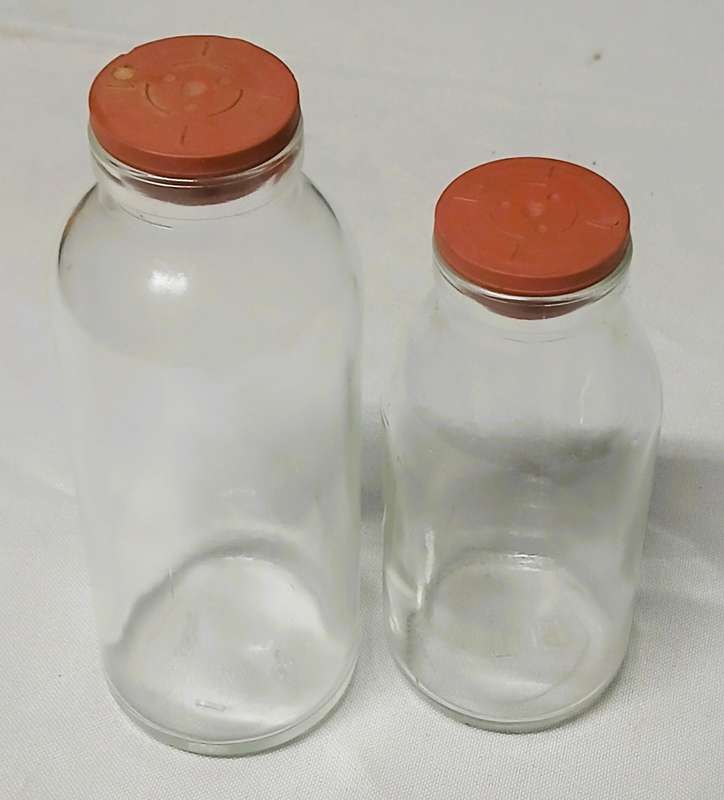 Pair of Vintage Apothecary Bottles | Clear Glass with Rubber Stoppers | Mid-Century Medical Style