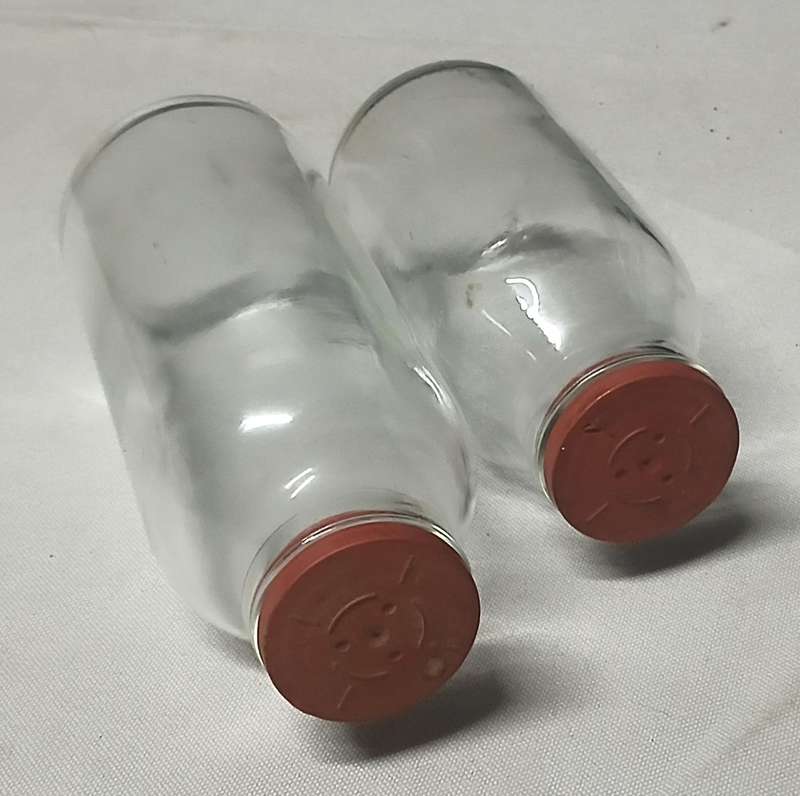 Pair of Vintage Apothecary Bottles | Clear Glass with Rubber Stoppers | Mid-Century Medical Style