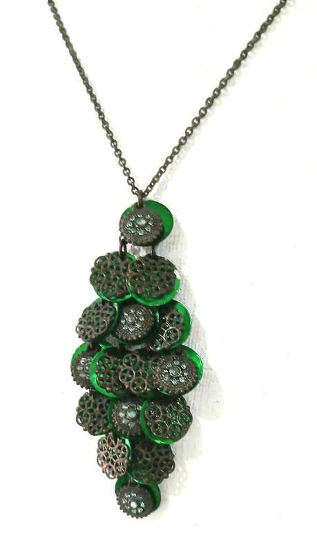 Avon Serbia Vanessa Necklace | Rare 1970s Collectible | Green Glass, Faux Shell & Brass
