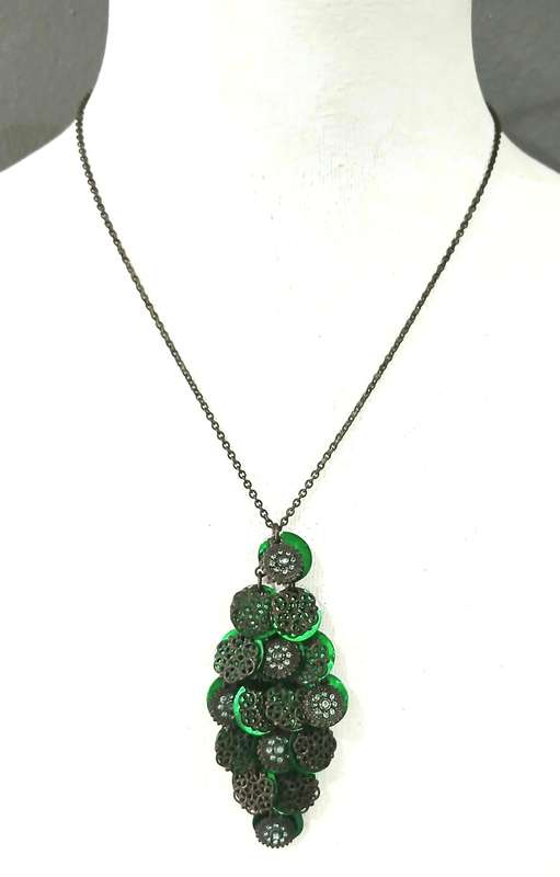 Avon Serbia Vanessa Necklace | Rare 1970s Collectible | Green Glass, Faux Shell & Brass